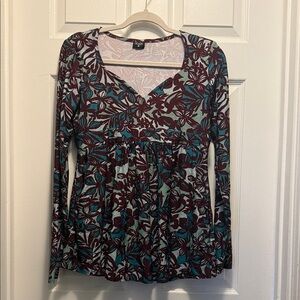 Olian Teal and Burgundy Floral Empire-Waist V-Neck Tunic